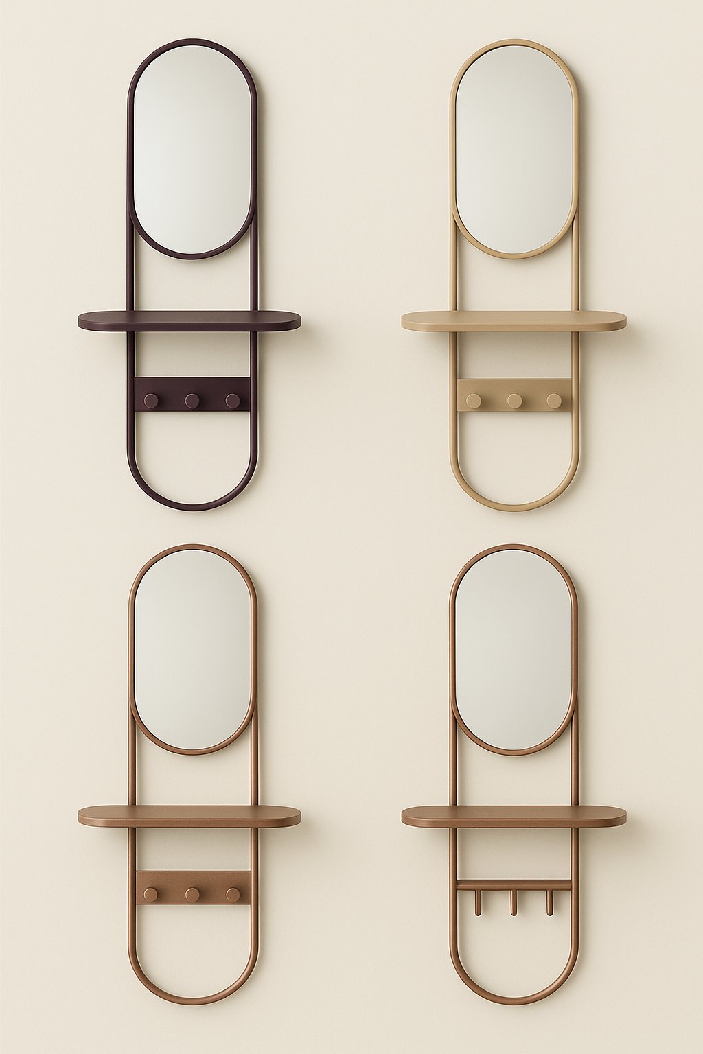 Five wall-mounted coat rack formats shown at catalogue scale